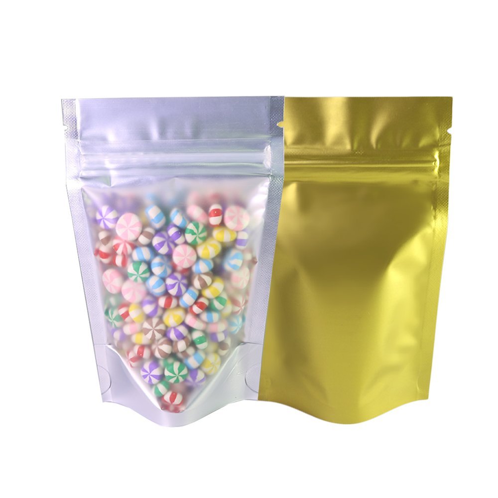 100pcs Frosted Clear Window Stand Up Colored Metallic Foil Resealable Zipper Seal Bags (Gold, Standup | 7.5oz)