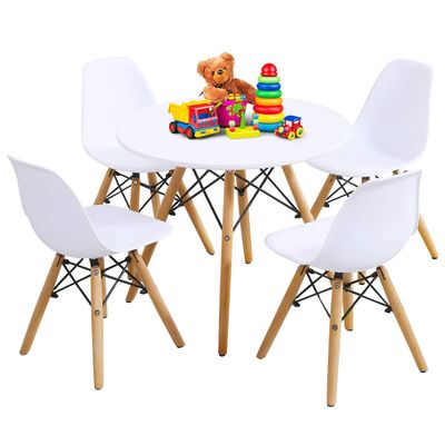 Costzon Kids Table and Chair Set, 5 PCS Mid-Century Modern Style Kids Desk Set w/Wood Legs, Iron Frame for Dining Drawing Playing & Strong Bearing Capacity, Toddler Table and Chairs (White)