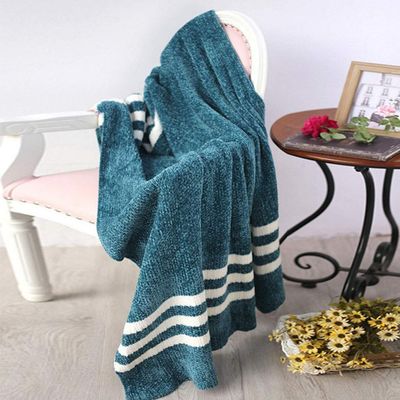 51"x59" Crochet Velvet Chenille Blanket Fluffy Green Chenille Knitted Throw Striped Blanket for Bed Couch Sofa Birthday