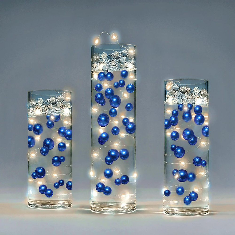 300 Floating Royal Blue/Navy Pearls - Jumbo Sizes - with Must Have Transparent Water Gels KIT for The Best Floating Effect - Fills 4 GL of Gels for Vases-Warm White Submersible Fairy Lights