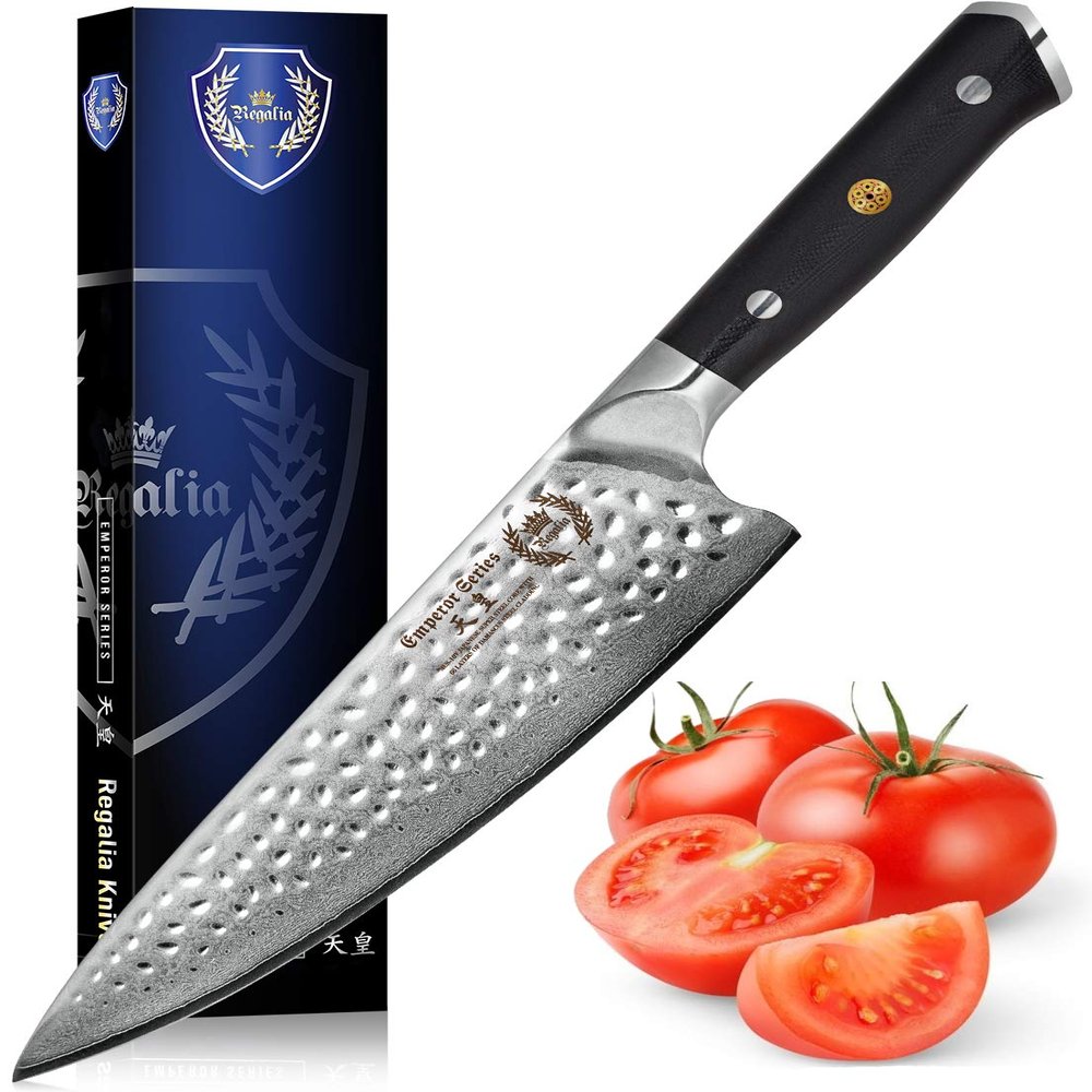 Chef Knife: Best Professional Quality 8 Inch Japanese AUS10 67-Layer High Carbon Damascus Stainless Super Steel Gyuto- Razor Sharp Full Tang Blade w/Hammered Finish & Ergonomic G10 Handle
