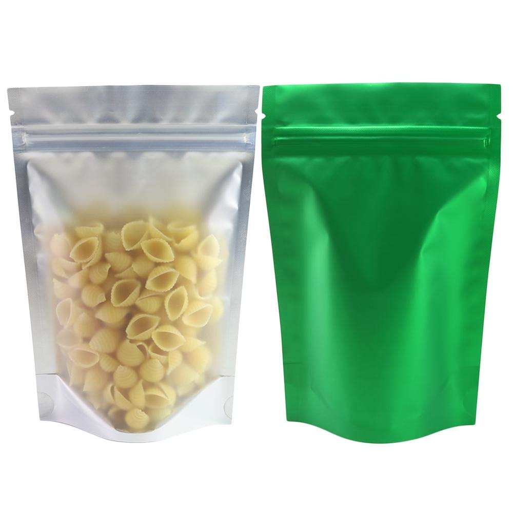 100pcs Frosted Clear Window Stand Up Colored Metallic Foil Resealable Zipper Seal Bags (Green, Standup | 7.5oz)