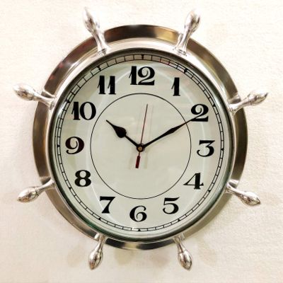 Antique Marine Brass Silver Ship Wheel Clock 38.1 cm Nautical Wall Hanging Clock Home Decor