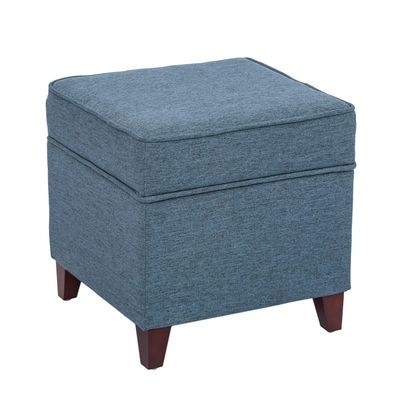 Adeco 17" Square Ottoman with Storage, Small Blue Storage Ottoman Foot Rest with Hinged Lid & Solid Wood Legs, Linen Fabric Foot Stool for Living Room & Bedroom, Seasonal Home Refresh & Gifting