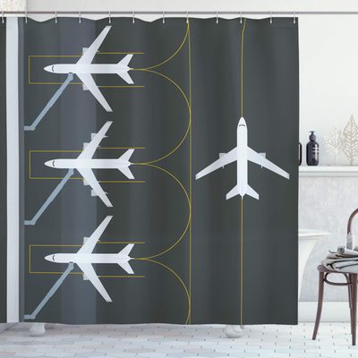 Ambesonne Airport Shower Curtain, Aviation Themed Simple Illustration of Parked Airplanes Landed in Airfield, Cloth Fabric Bathroom Decor Set with Hooks, 69" W x 84" L, White Dimgray Fawn