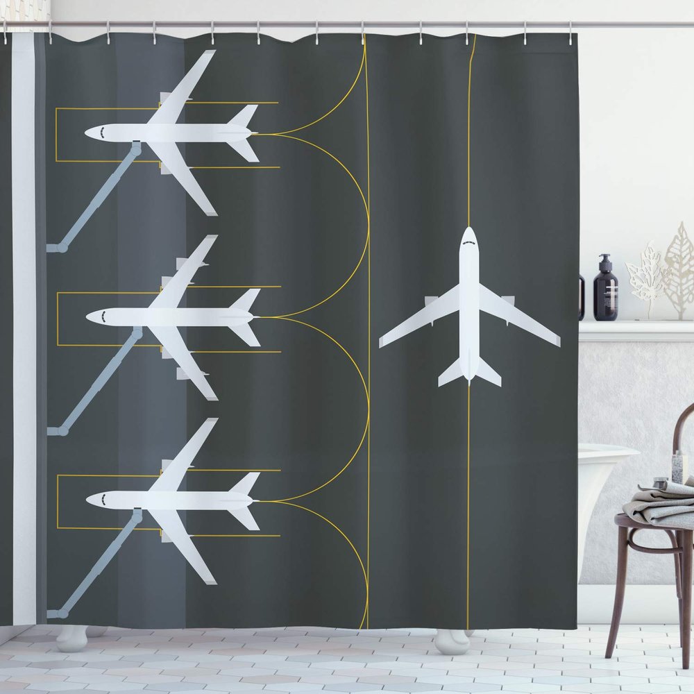 Ambesonne Airport Shower Curtain, Aviation Themed Simple Illustration of Parked Airplanes Landed in Airfield, Cloth Fabric Bathroom Decor Set with Hooks, 69" W x 84" L, White Dimgray Fawn
