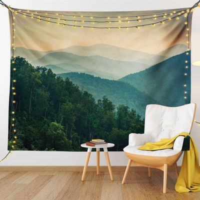 Ambesonne Appalachian Tapestry King Size, Panoramic Landscape Photo of Mountain Ridges Virginia, Wall Hanging Bedspread Bed Cover Wall Decor, 104" X 88", Hunter Green Grey Teal