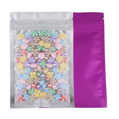 100pcs Frosted Clear Window Flat Colored Metallic Foil Resealable Zipper Seal Bags (Purple, Flat | 1.5oz)