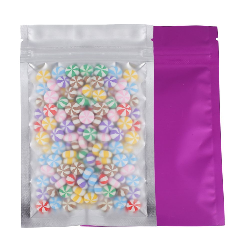 100pcs Frosted Clear Window Flat Colored Metallic Foil Resealable Zipper Seal Bags (Purple, Flat | 1.5oz)
