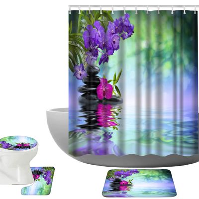 Amagical Zen Garden Theme Bamboo Purple Flower Black Stone Decor 4 Piece Bathroom Mat Set Shower Curtain Set Bath Mat Contour Mat Toilet Cover Shower Curtain and 12 Hooks
