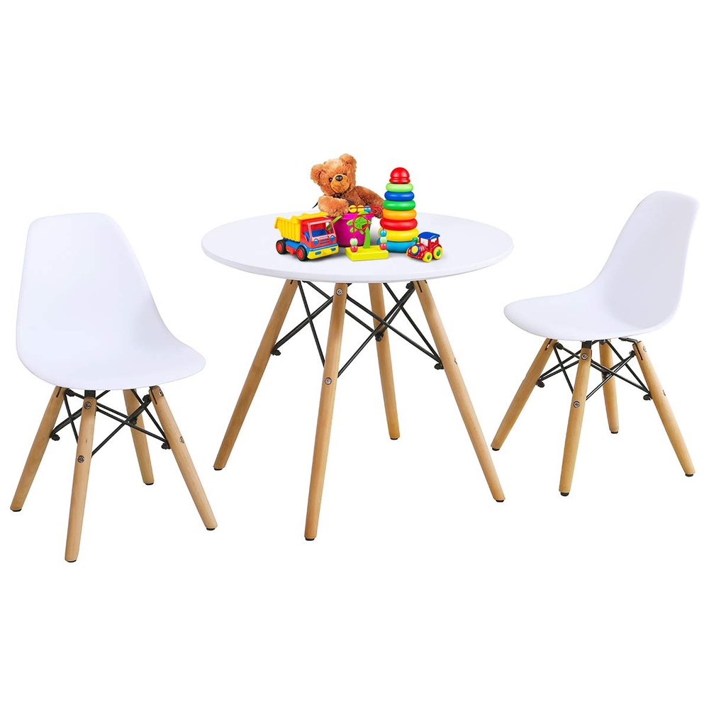 Costzon Kids Table and Chair Set, 3-Piece Kids Mid-Century Modern Style Table Set with Wood Legs for Dining Drawing Playing, Toddler Table and Chairs (White, Table & 2 Chairs)