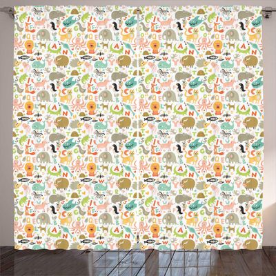 Ambesonne Cartoon Curtains, Animals and Alphabet Letters Funny Pre, Living Room Bedroom Window Drapes 2 Panel Set, 108" X 84", Multicolor