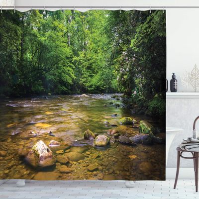 Ambesonne Appalachian Shower Curtain, Oconaluftee River at Smoky Mountains National Park, Cloth Fabric Bathroom Decor Set with Hooks, 69" W x 84" L, Forest Green Yellow