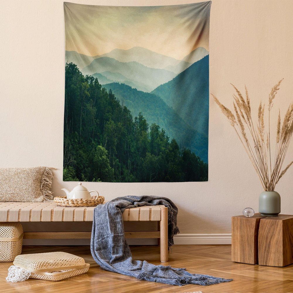 Ambesonne Appalachian Tapestry Twin Size, Panoramic Landscape Photo of Mountain Ridges Virginia, Wall Hanging Bedspread Bed Cover Wall Decor, 68" X 88", Hunter Green Grey Teal
