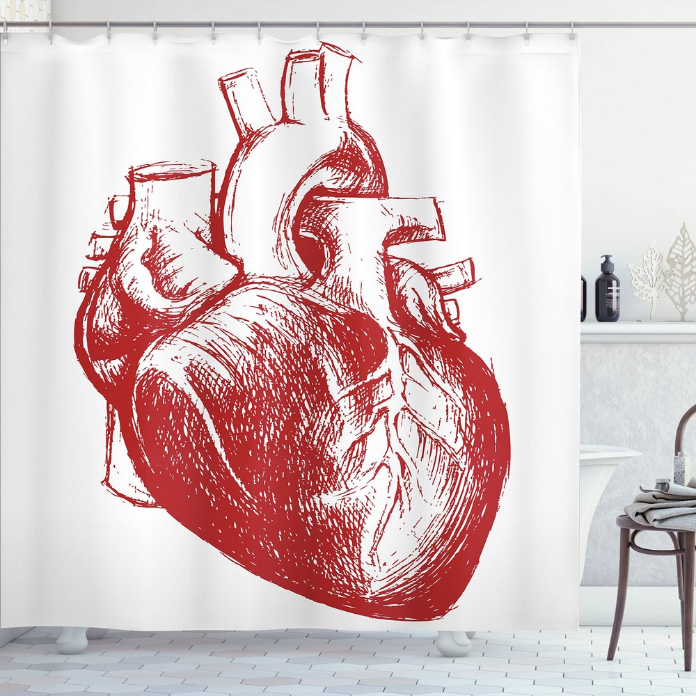 Ambesonne Human Heart Shower Curtain, Warm Tone Monochromatic Realistic Sketch of Cardio Organ Anatomy Print, Cloth Fabric Bathroom Decor Set with Hooks, 69" W x 84" L, Vermilion and White