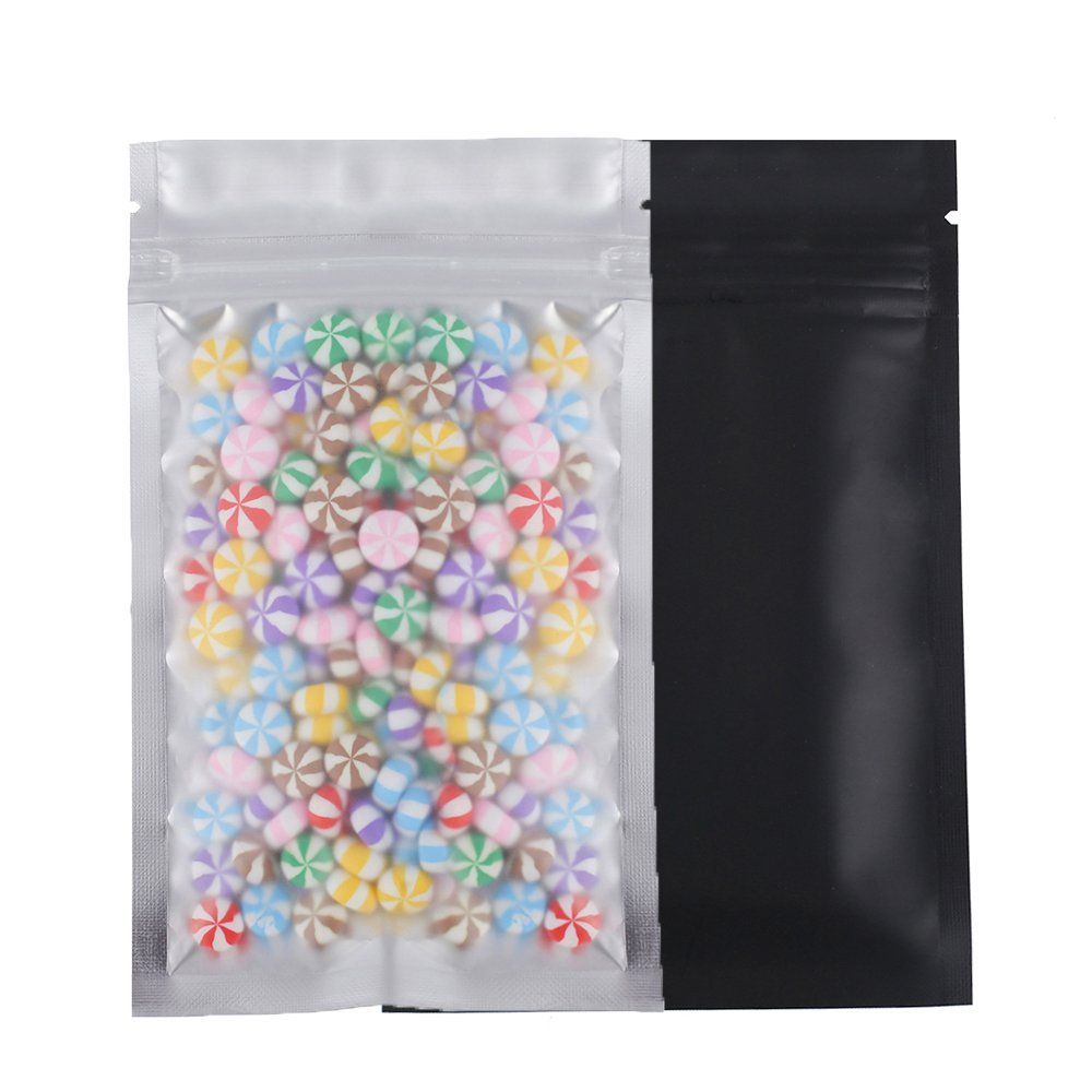 100pcs Frosted Clear Window Flat Colored Metallic Foil Resealable Zipper Seal Bags (Black, Flat | 3oz)