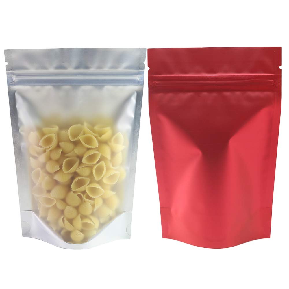 100pcs Frosted Clear Window Stand Up Colored Metallic Foil Resealable Zipper Seal Bags (Red, Standup | 7.5oz)