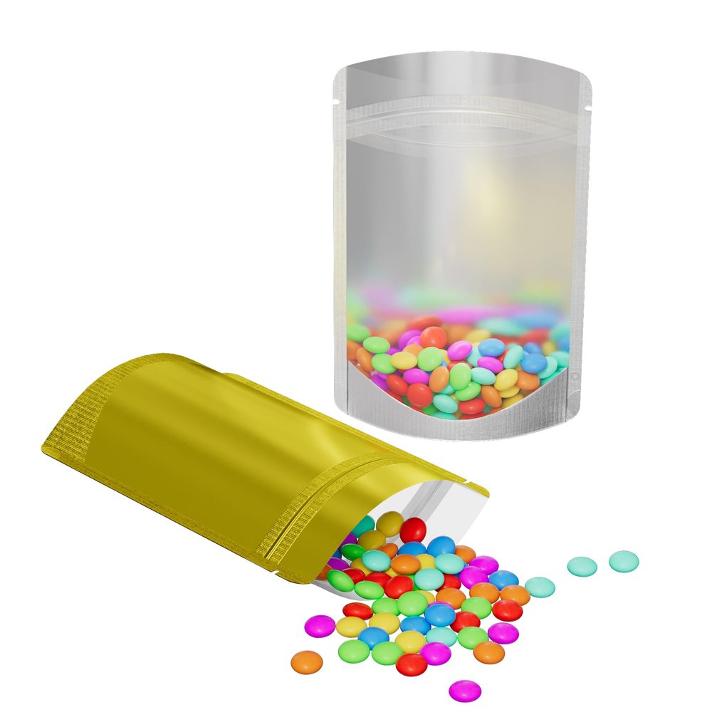 100pcs Frosted Clear Window Stand Up Colored Metallic Foil Resealable Zipper Seal Bags (Gold, Standup | 2oz)