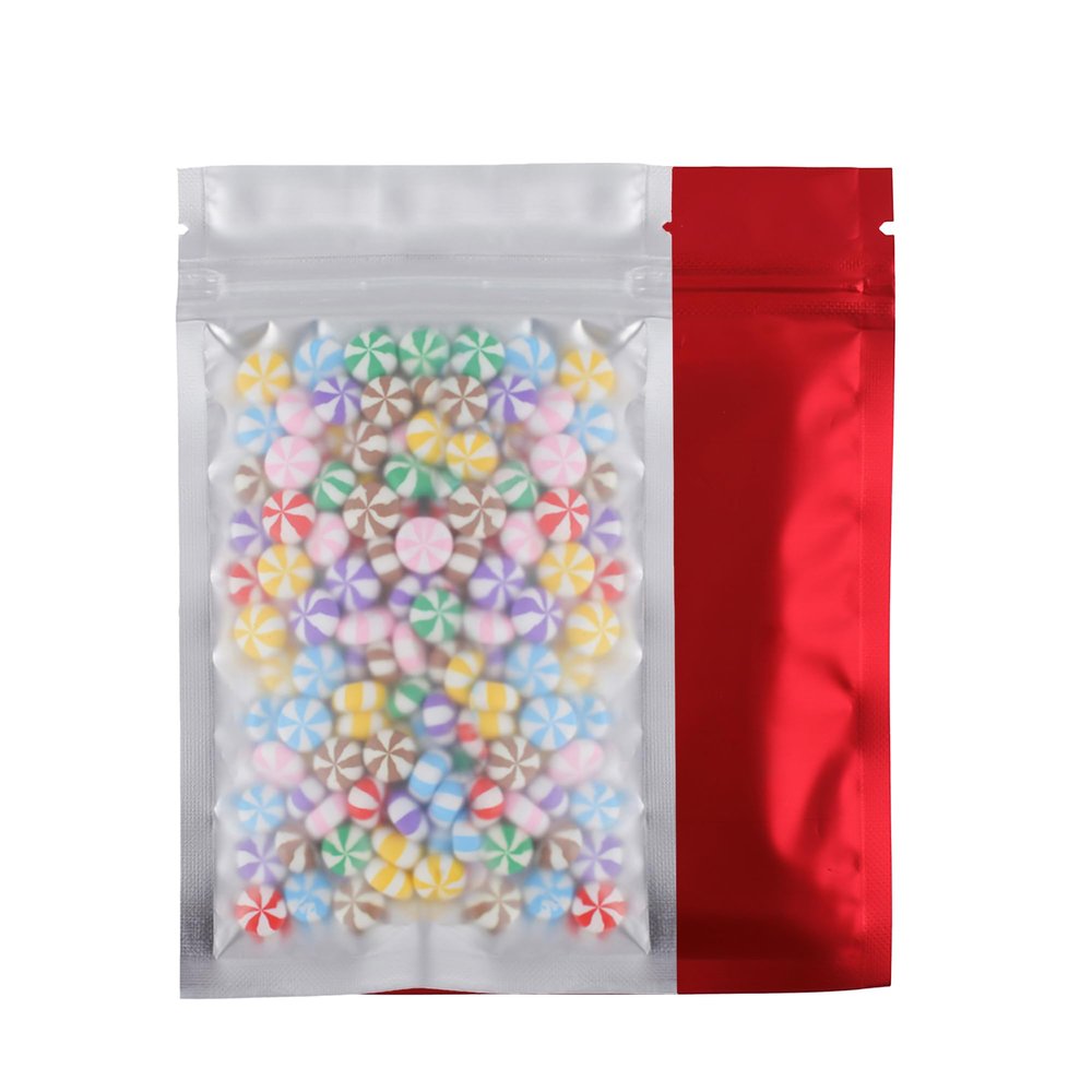 100pcs Frosted Clear Window Flat Colored Metallic Foil Resealable Zipper Seal Bags (Red, Flat | 1.5oz)