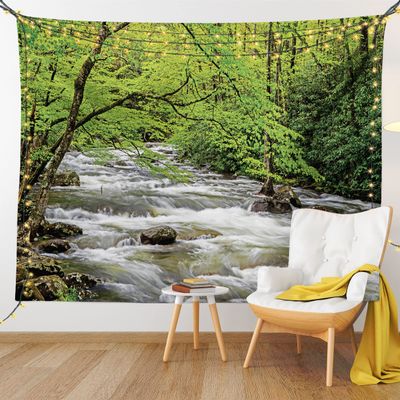 Ambesonne Appalachian Tapestry King Size, Streaming Water Creek in Spring Forest Trees and Bushes, Wall Hanging Bedspread Bed Cover Wall Decor, 104" X 88", Lime Green Sage Green