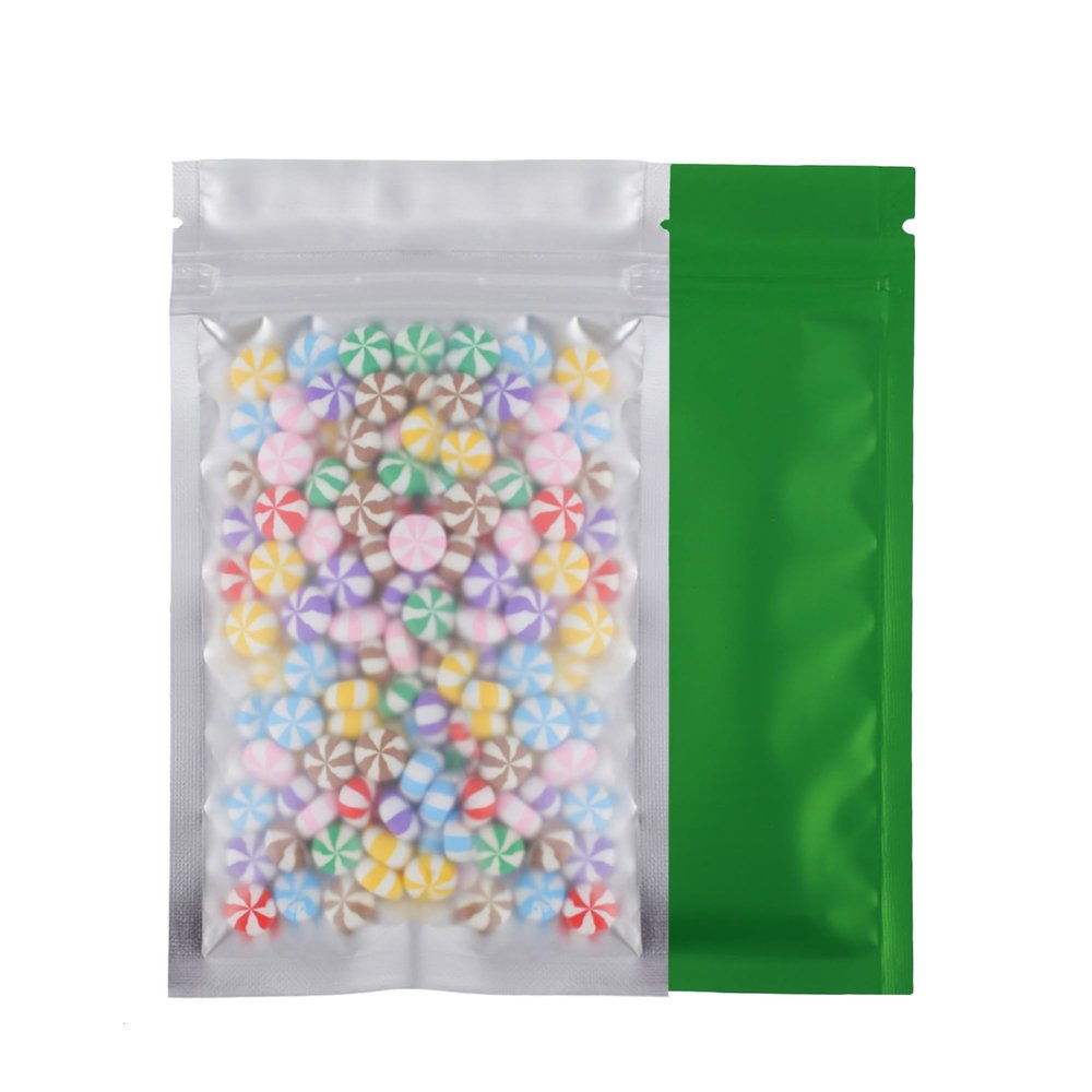 100pcs Frosted Clear Window Flat Colored Metallic Foil Resealable Zipper Seal Bags (Green, Flat | 1.5oz)