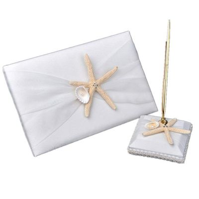2Pcs Wedding Guest Book Pen Stand Set, Ribbon Bowknot Beach Theme Starfish Seashell Guest Book Pen & Holder, Wedding Ceremony Baby Shower Party Favor, Wedding Decoration Accessories Party Supplies