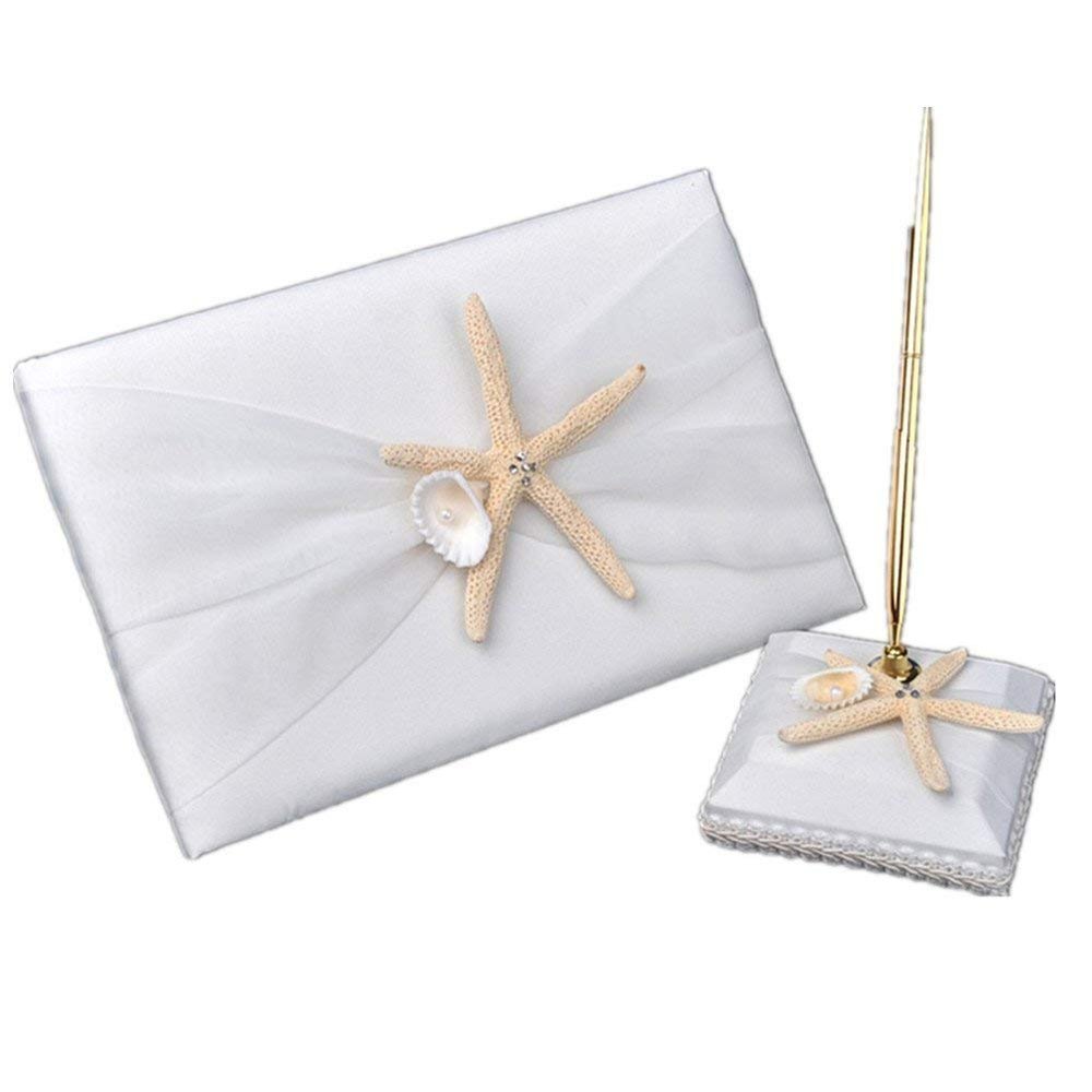 2Pcs Wedding Guest Book Pen Stand Set, Ribbon Bowknot Beach Theme Starfish Seashell Guest Book Pen & Holder, Wedding Ceremony Baby Shower Party Favor, Wedding Decoration Accessories Party Supplies