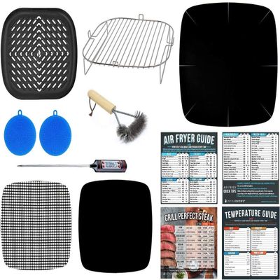 Air Fryer Accessories with Rack, Grilling Pan, Air Frying Cheat Sheets Guides and Reusable Liners for Ninja, GoWise, Cosori, Chefman, PowerXL Grill and More