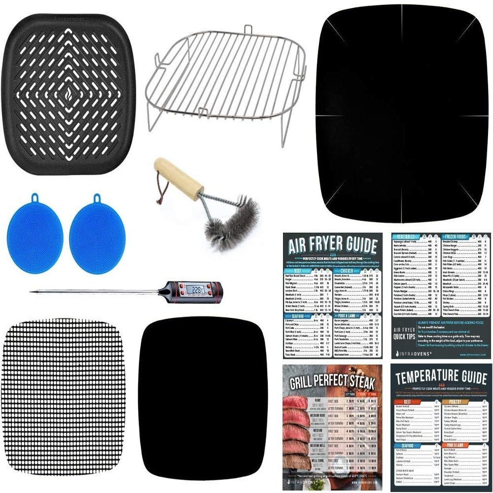 Air Fryer Accessories with Rack, Grilling Pan, Air Frying Cheat Sheets Guides and Reusable Liners for Ninja, GoWise, Cosori, Chefman, PowerXL Grill and More