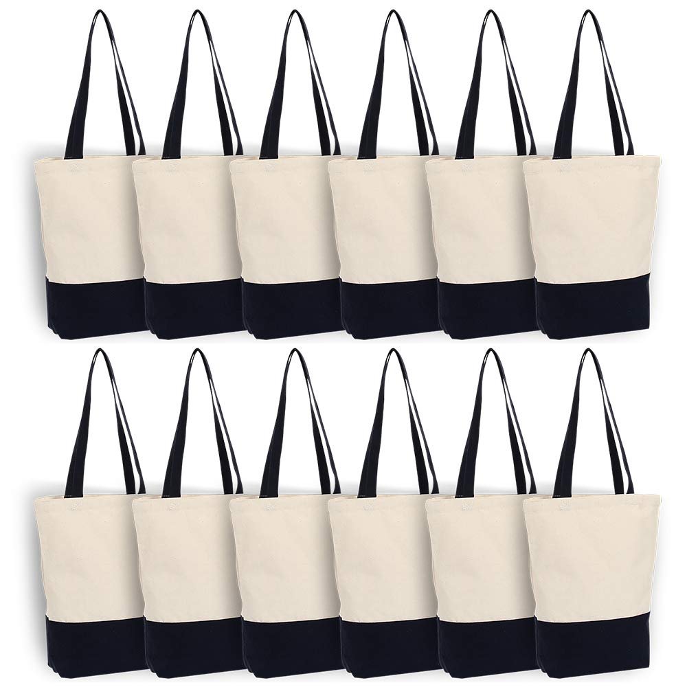 Azuca Canvas Bags Heavy Duty 12 oz with Bottom Gusset Grocery Beach Shopping Bag 17x14x4 Inches (Dark Blue - 12 Pack)