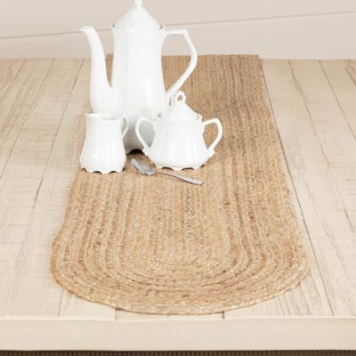 VHC Brands Farmhouse Coastal Braided Woven Natural Jute Table Runner for Kitchen Tabletop Dining Room Table Hot Pad Mat, Gift Ideas- Natural Tan, Oval 13x72, 6 Foot Long