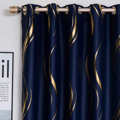 MYRU 1 Pair Blackout Curtains for Bedroom, Luxury Striped Curtains for Living Room (Navy and Gold, 2 x 54 x 96 Inch)