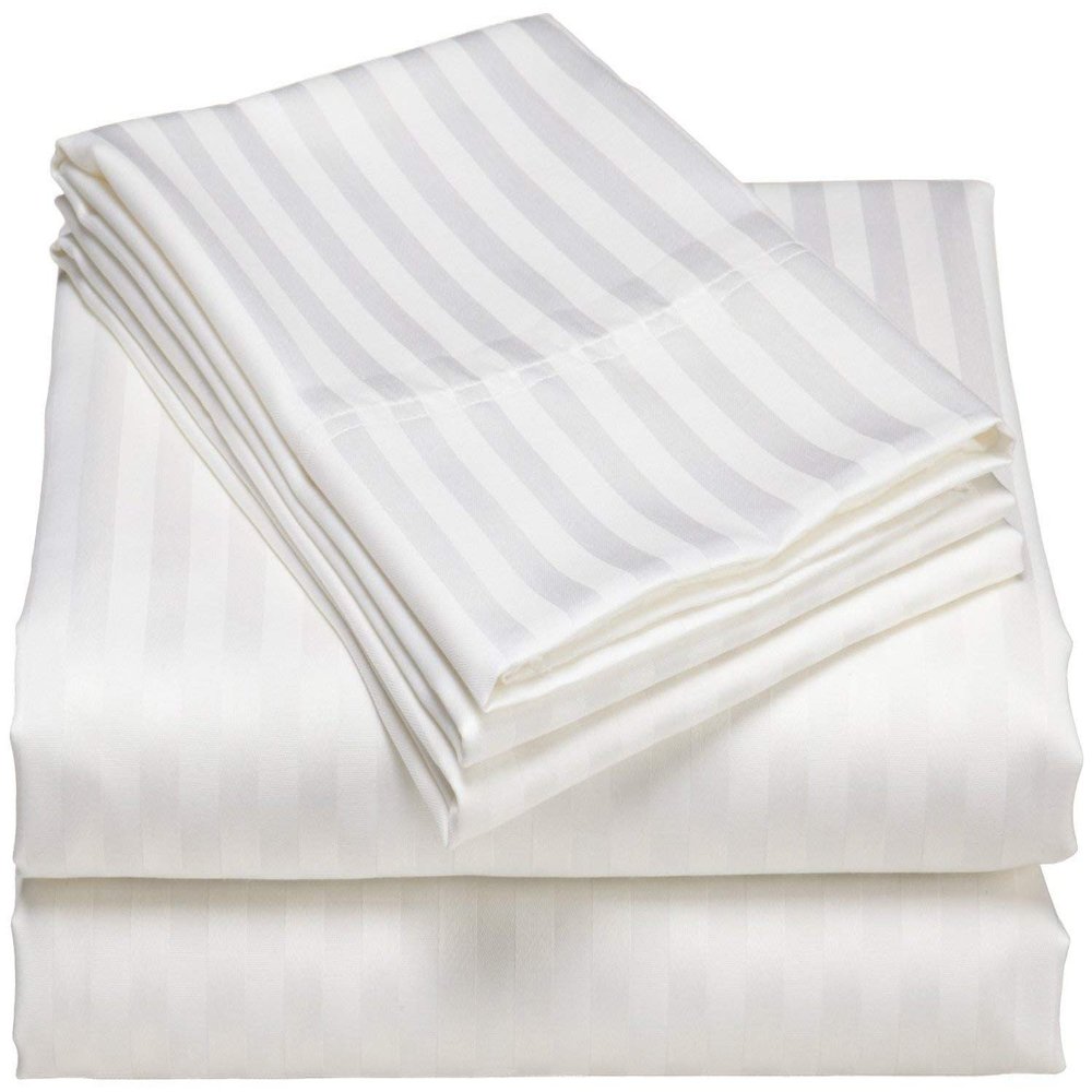HR Luxury Linen Cotton Bedsheets Set - 400 Thread Count 100% Egyptian Cotton 4-Piece Sheet Set 15 Inch Deep Pocket Stripe (Queen, White)