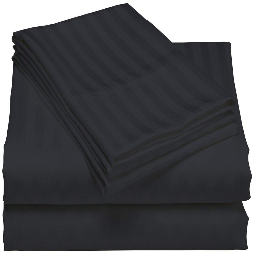 HR Luxury Linen Cotton Bedsheets Set - 400 Thread Count 100% Egyptian Cotton 4-Piece Sheet Set 15 Inch Deep Pocket Stripe (Queen, Dark Grey)