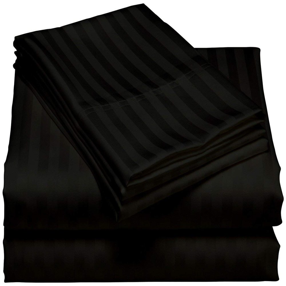 HR Luxury Linen Cotton Bedsheets Set - 400 Thread Count 100% Egyptian Cotton 4-Piece Sheet Set 21 Inch Deep Pocket Stripe (Queen, Black)