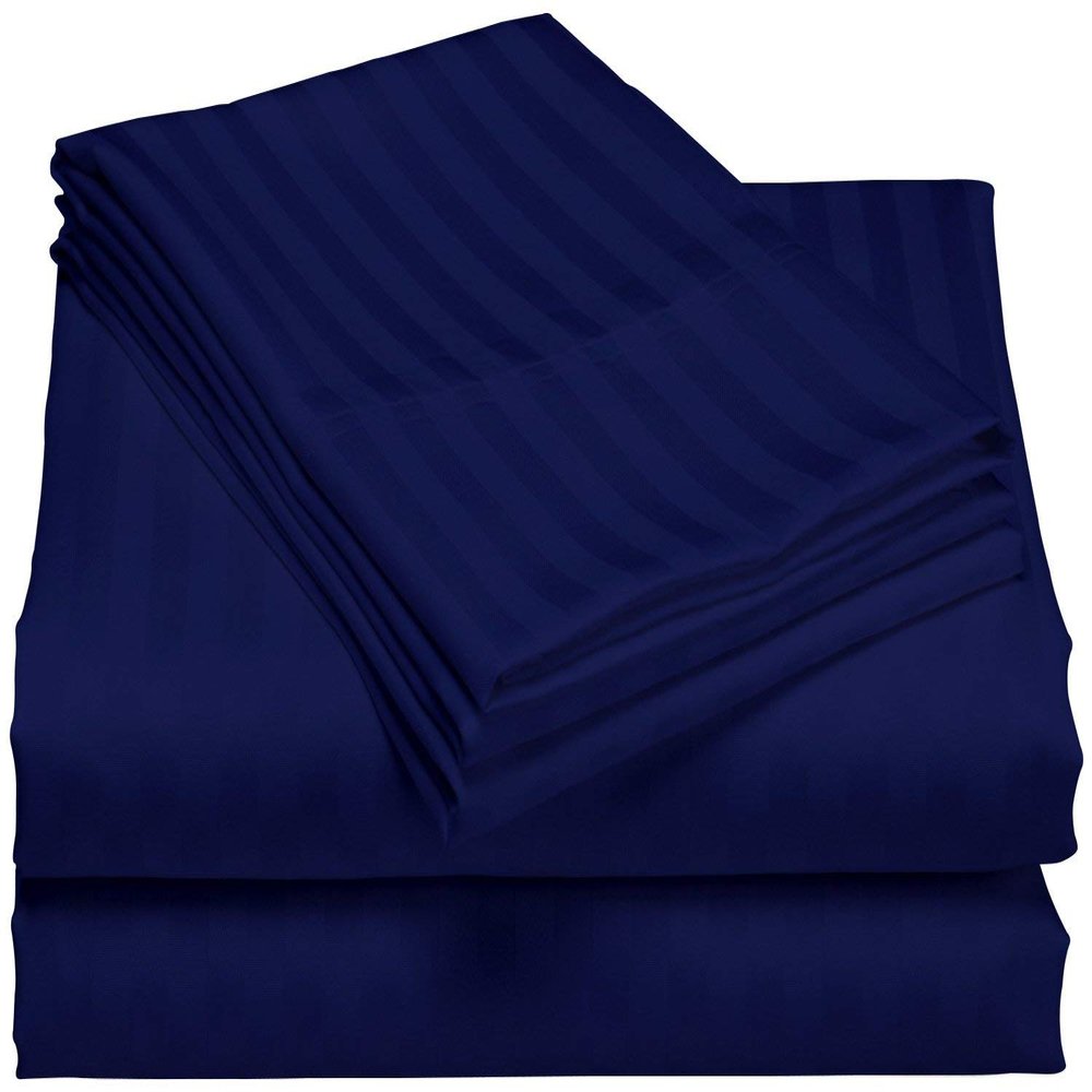 HR Luxury Linen Cotton Bedsheets Set - 400 Thread Count 100% Egyptian Cotton 4-Piece Sheet Set 15 Inch Deep Pocket Stripe (Queen, Navy Blue)