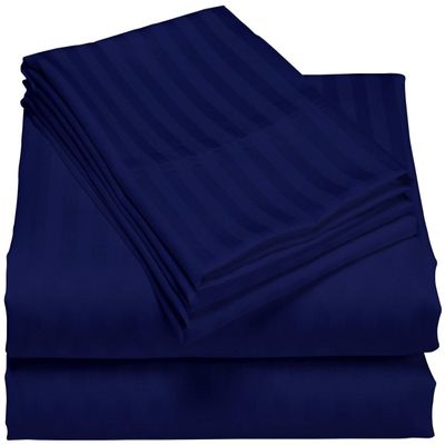 HR Luxury Linen Cotton Bedsheets Set - 400 Thread Count 100% Egyptian Cotton 4-Piece Sheet Set 18 Inch Deep Pocket Stripe (Queen, Navy Blue)