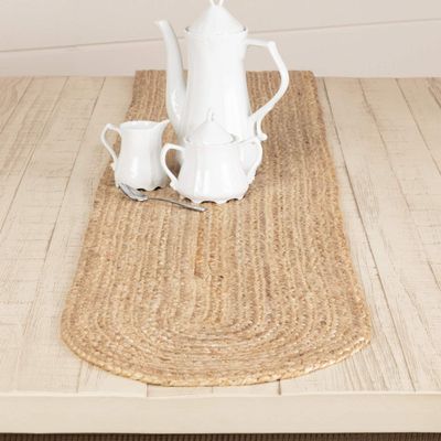 VHC Brands Farmhouse Coastal Braided Woven Natural Jute Table Runner for Kitchen Tabletop Dining Room Table Hot Pad Mat, Gift Ideas- Natural Tan, Oval 13x90 7.5 Foot Long