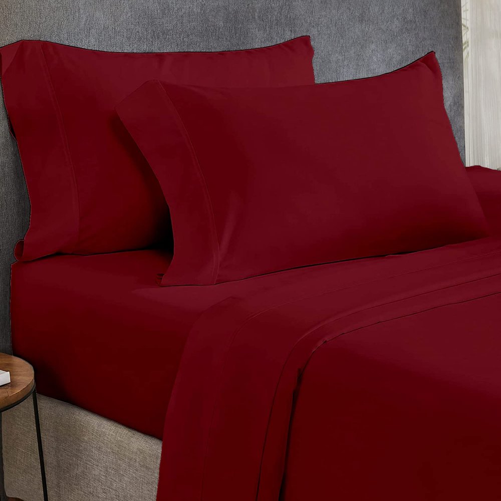 Crown Collection 100% Egyptian Cotton Sheets, Full XL Size Sheet Set, 4 Pc, 600 Thread Count, 16 inch Deep, Cooling & Breathable, Fine Pipine Design with Decorative Pillows