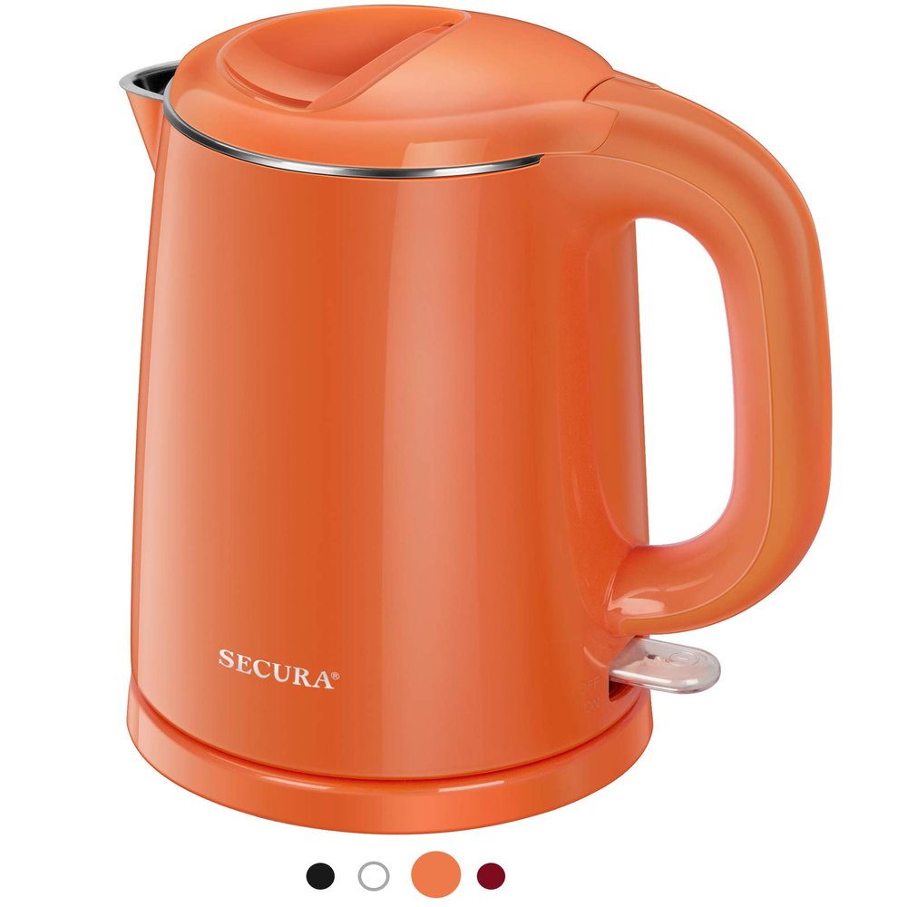 Secura Stainless Steel Double Wall Electric Kettle Water Heater for Tea Coffee w/Auto Shut-Off and Boil-Dry Protection, 1.0L (Orange) SWK-1001DO/HB-K012