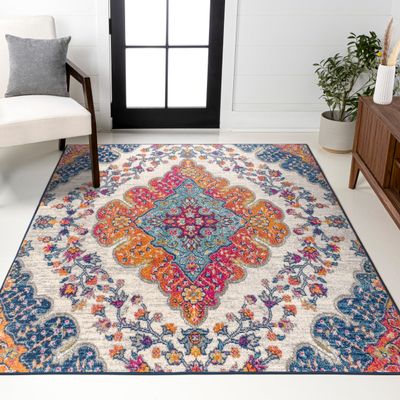 JONATHAN Y Boho Vintage Blue/Multi Indoor Area Rug, 5x8, Bohemian Flair Medallion, Floral Easy-Cleaning High Traffic for Living Room, Bedroom, Kitchen, Pet-Friendly, Non-Shedding (BMF106A-5)