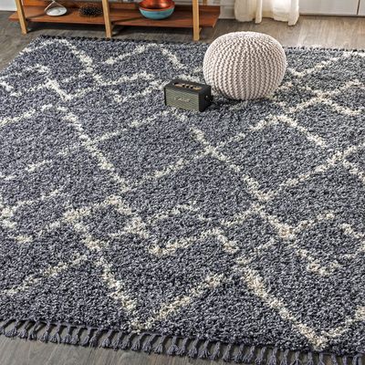JONATHAN Y Mercer Shag Plush Tassel Blue/Cream Indoor Area Rug, 5x8, Moroccan Geometric Trellis, Contemporary, Easy-Cleaning for Living Room, Bedroom, Kitchen, Pet Friendly, Non-Shedding (MCR102A-5)