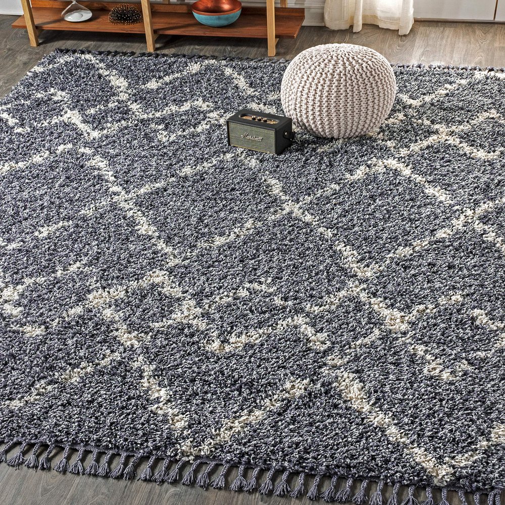 JONATHAN Y Mercer Shag Plush Tassel Blue/Cream Indoor Area Rug, 5x8, Moroccan Geometric Trellis, Contemporary, Easy-Cleaning for Living Room, Bedroom, Kitchen, Pet Friendly, Non-Shedding (MCR102A-5)