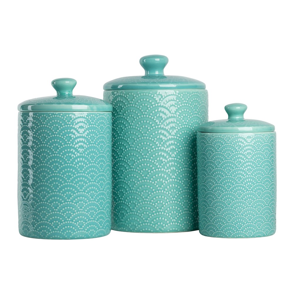 10 Strawberry Street Embossed Ceramic Kitchen Canister Set, Set of 3, Tide Blue