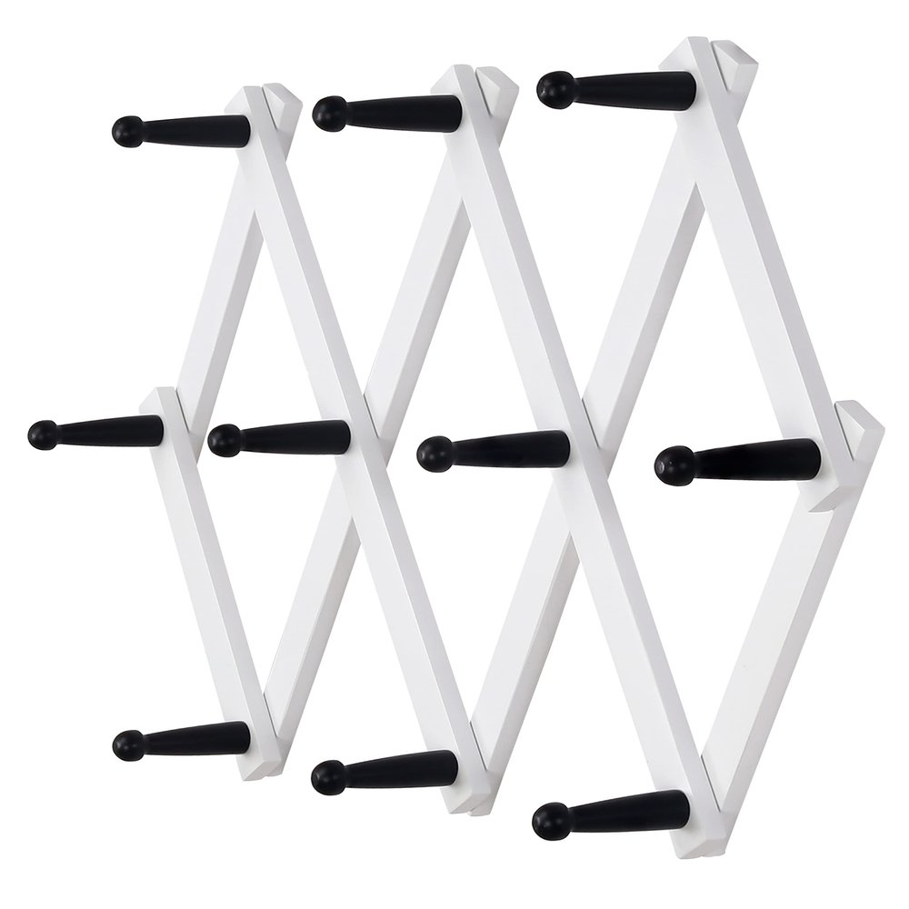 Dseap Accordian Wall Hanger: 16 High Wooden Wall Expandable Coat Rack, Hat Rack Holder, Accordion Hook for Baseball Caps, Coats, Mugs, 10 Peg Hooks, White & Black