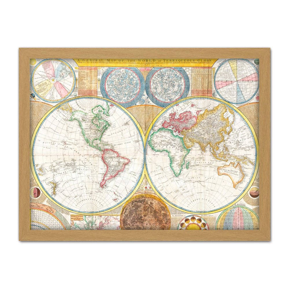 Map Dunn 1794 World Hemispheres Globe Earth Chart Artwork Framed Wall Art Print 18X24 Inch