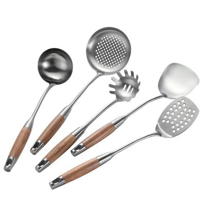 5 PCS Kitchen Shovel Spoon Set, 304 Stainless Steel Kitchen Wooden Handle Spatula Anti-hot Thickening Stir-Fry Shovel Spoon Cooking Utensils C-52