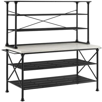Crosley Furniture Madeleine Kitchen Island and Hutch with Shelves for Storage, Microwave Stand, Coffee Bar, Steel with Faux Marble Top