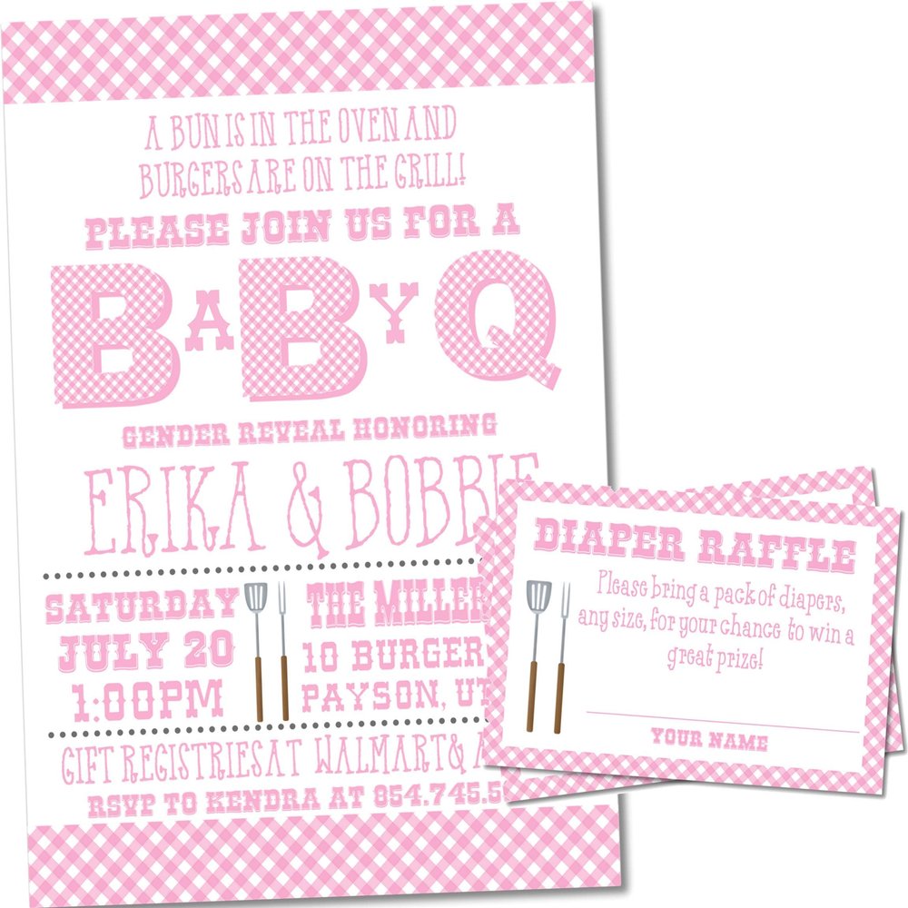 Backyard BBQ Baby Shower Invitations with Envelopes, Cook Out Baby Shower Invitations, Baby Q Baby Shower Invites (Pink/White)