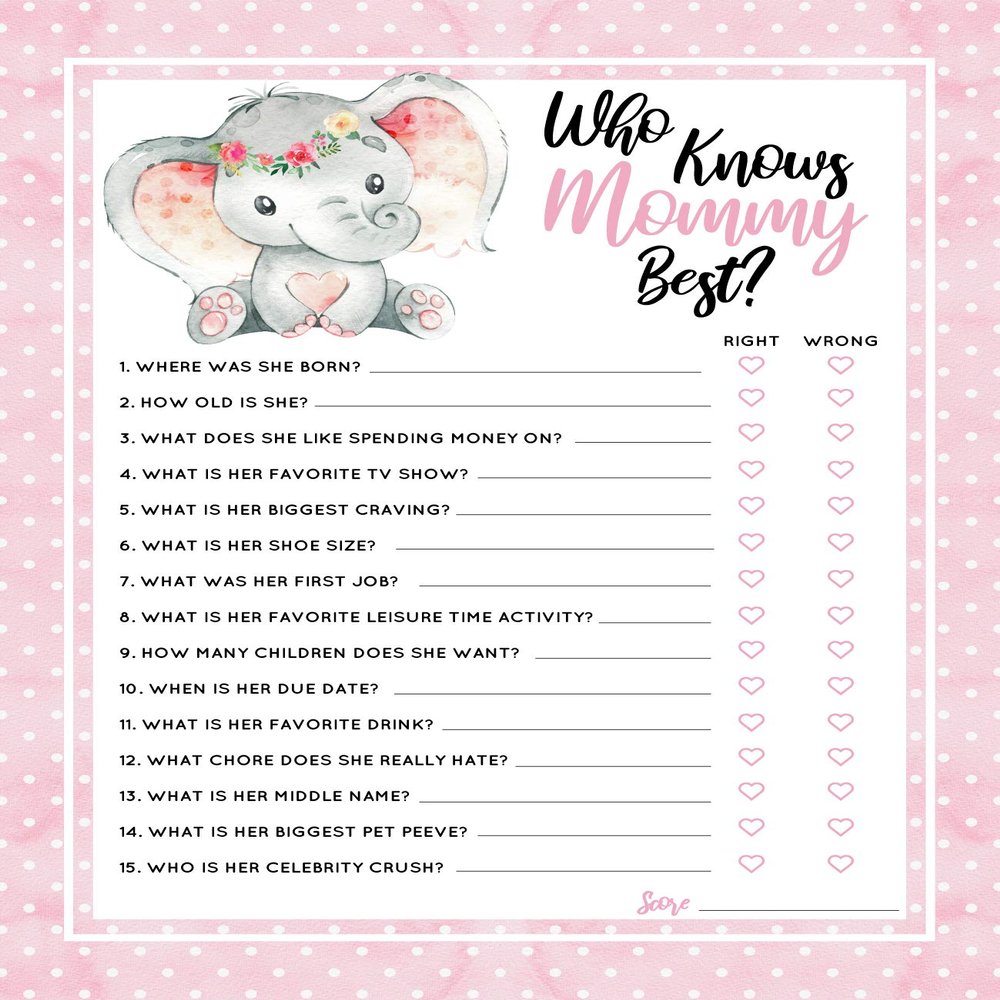 30 Pink Elephant Who Knows Mommy Best Baby Shower Game and Activity Easy to Play- Gender Reveal New Parent Women Men or Kids